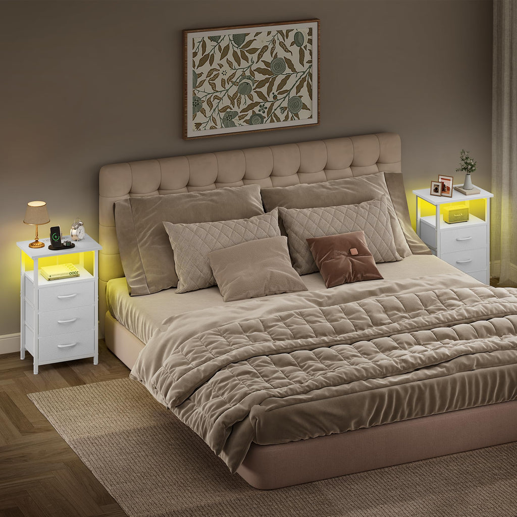 White Nightstand with Charging Station and 3 Fabric Drawers L38786