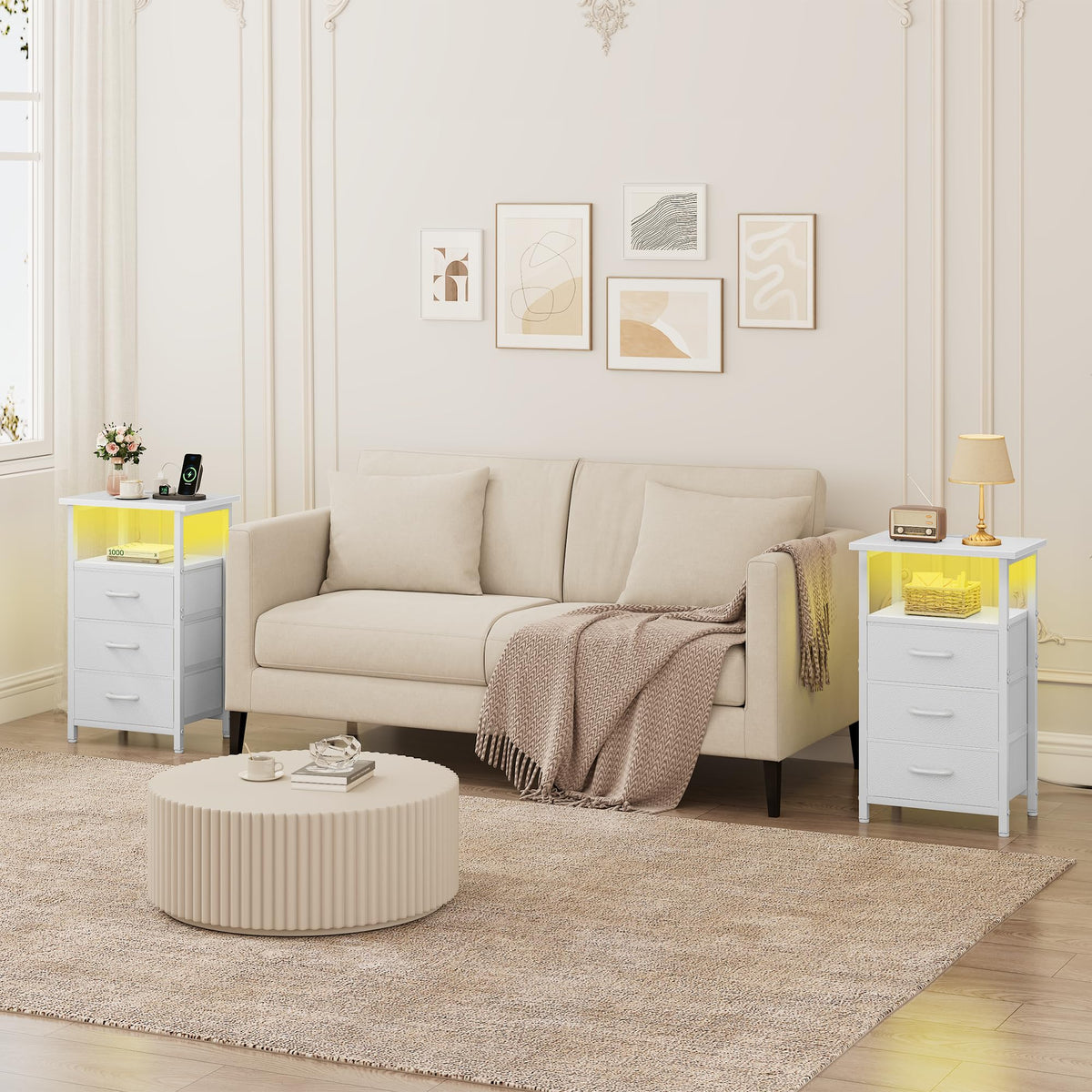 White Nightstand with Charging Station and 3 Fabric Drawers L38786