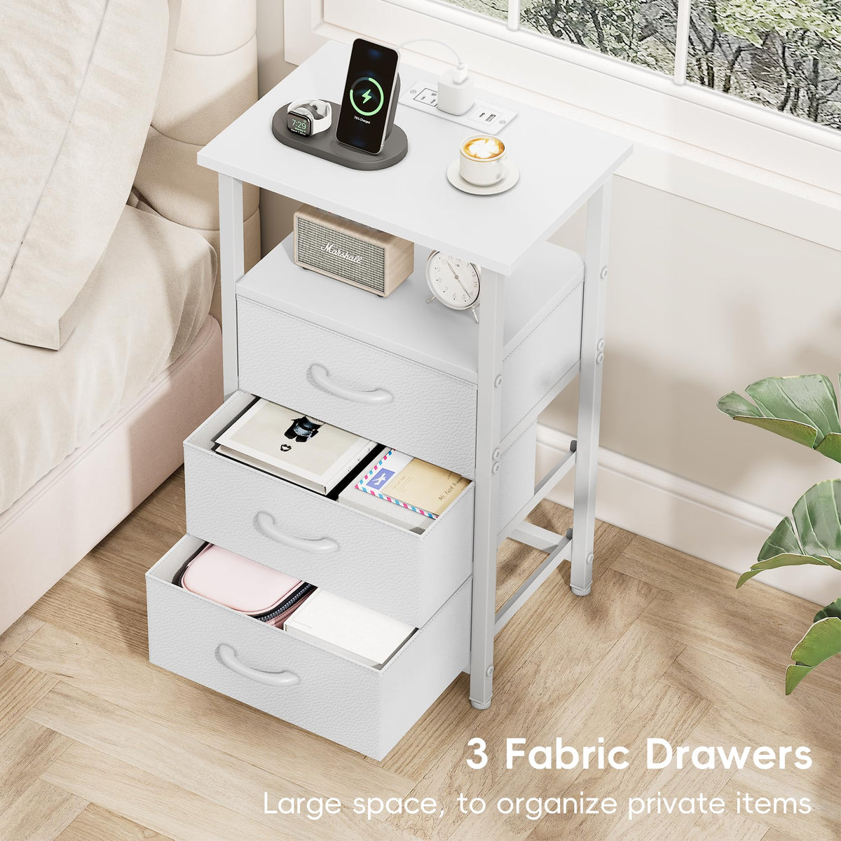 White Nightstand with Charging Station and 3 Fabric Drawers L38786