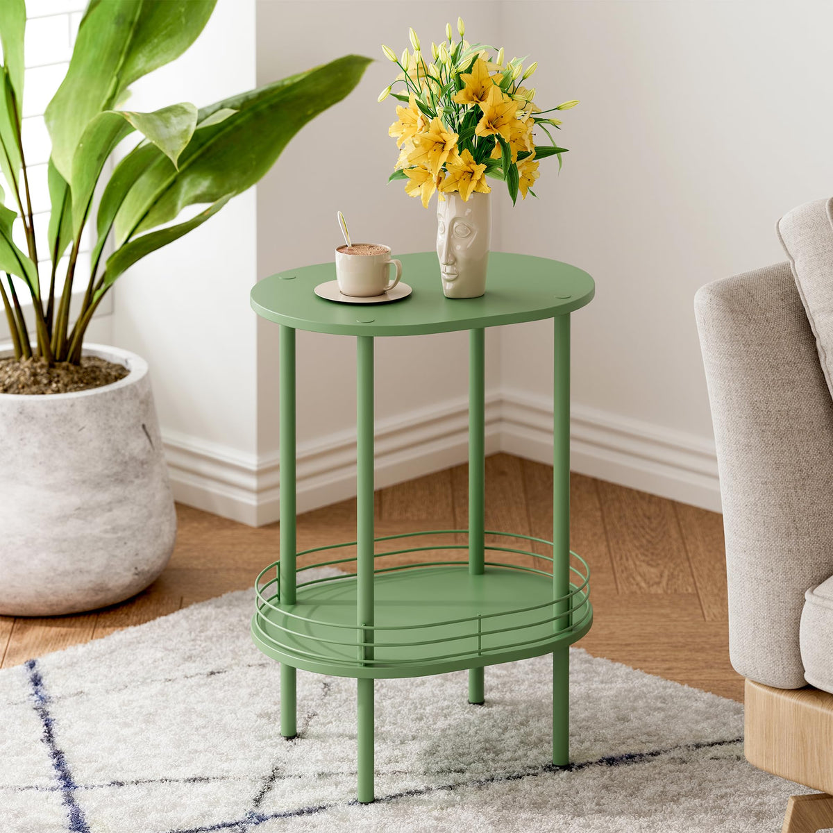Oval Side Table with Storage, 2-Tier Green End Table C165