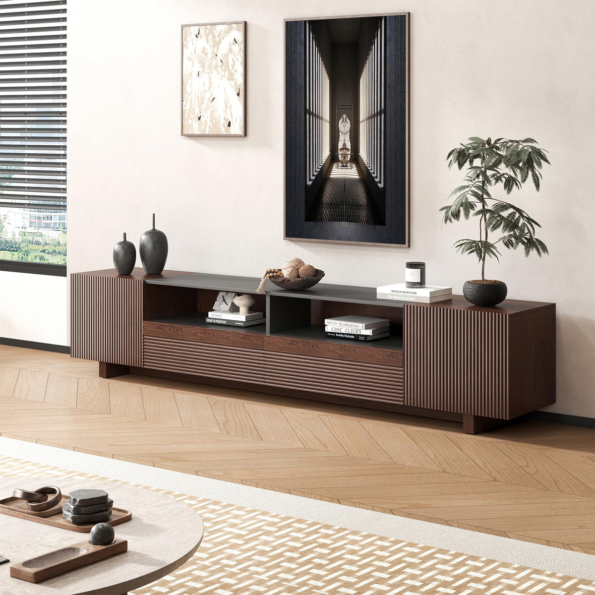 78.8 Inch Dark Brown Walnut TV Stand with Storage X4137