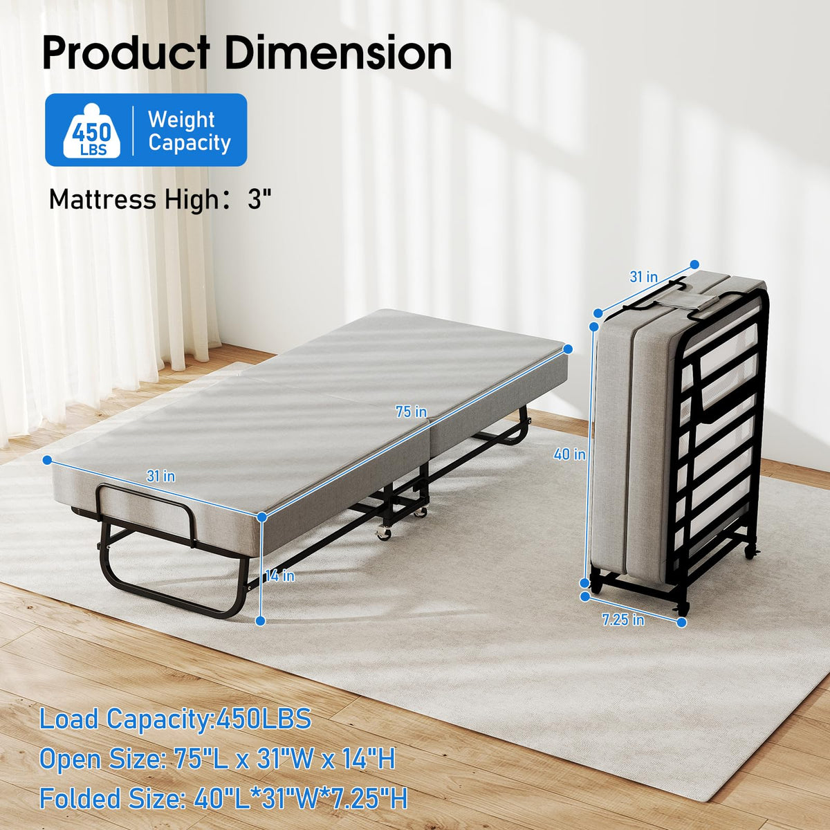 Folding Bed with Mattress, Memory Foam and Metal Frame, 75" x 31" N361