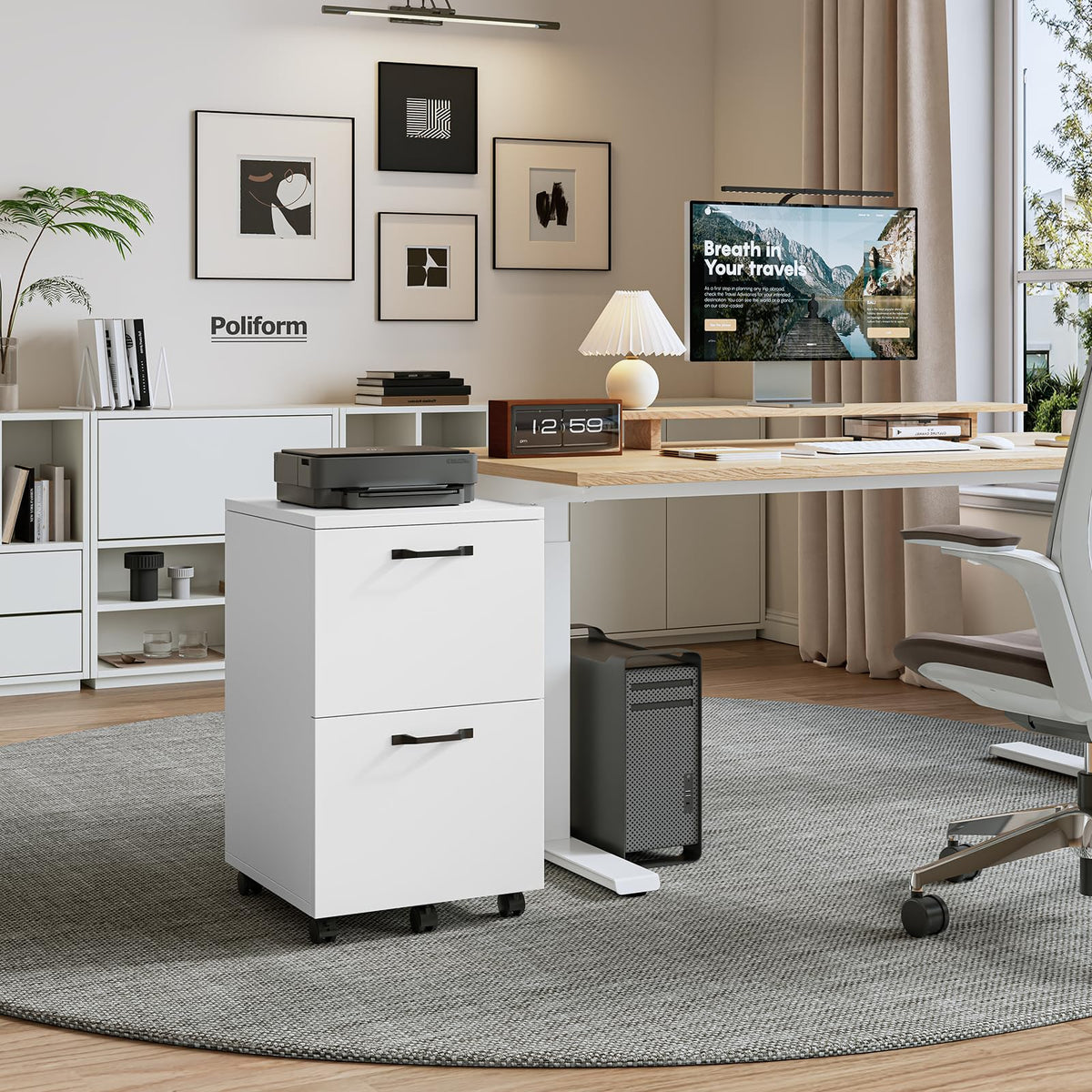White 2 Drawer Rolling Wood File Cabinet Y983784