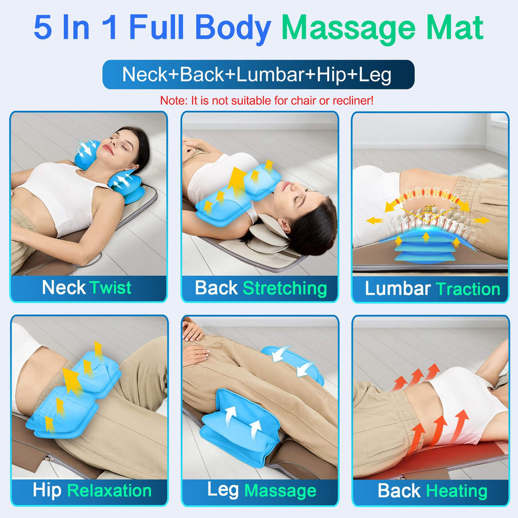 Full Body Massage Mat with Airbags Stretching & Heating, 3D Lumbar Traction, 4 Modes 3 Intensities 3 Heat Levels, PU Leather, Foldable A31259