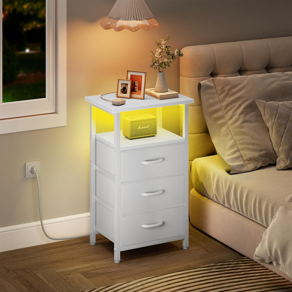 White Nightstand with Charging Station and 3 Fabric Drawers L38786