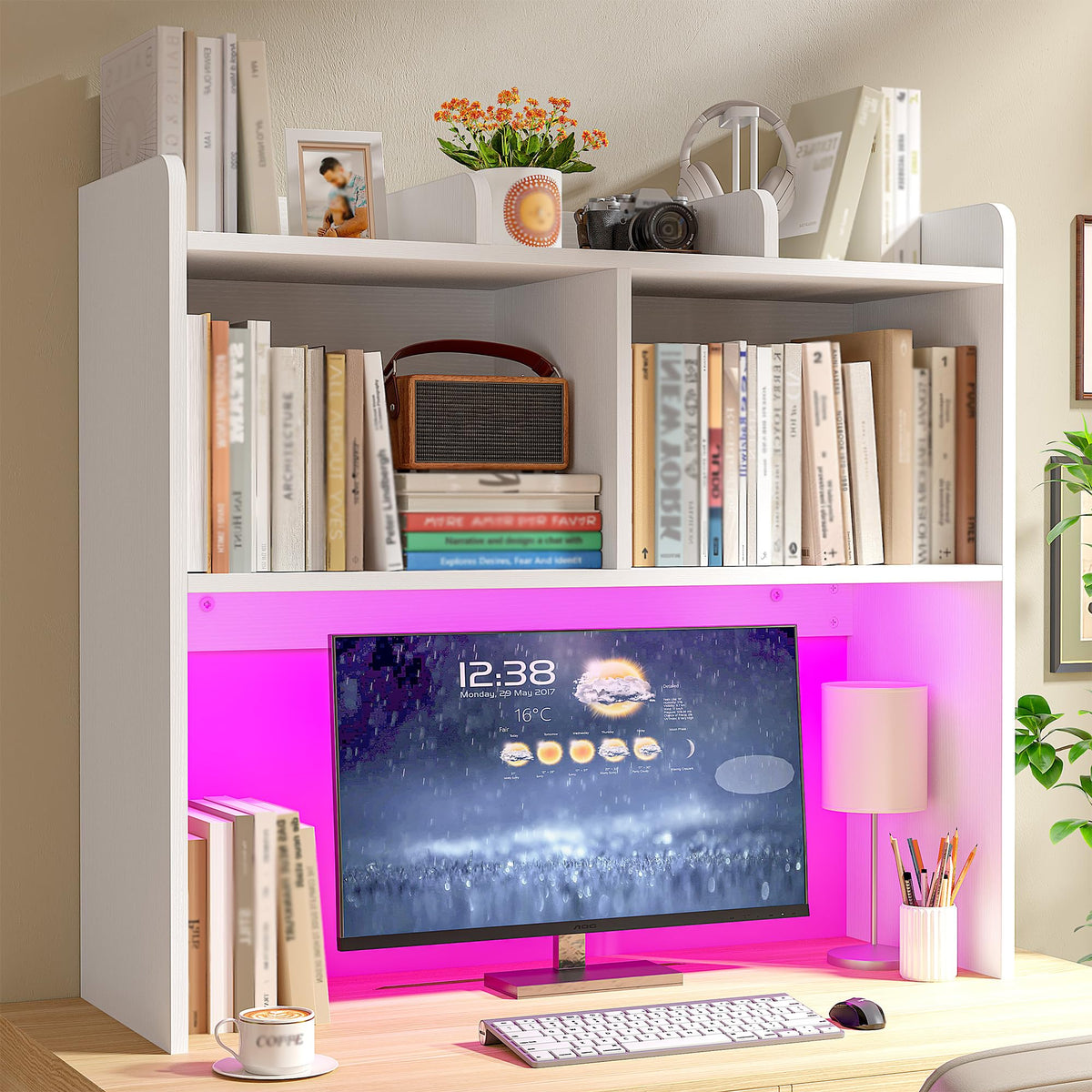 White 3-Tier Desk Hutch with LED Light L984135