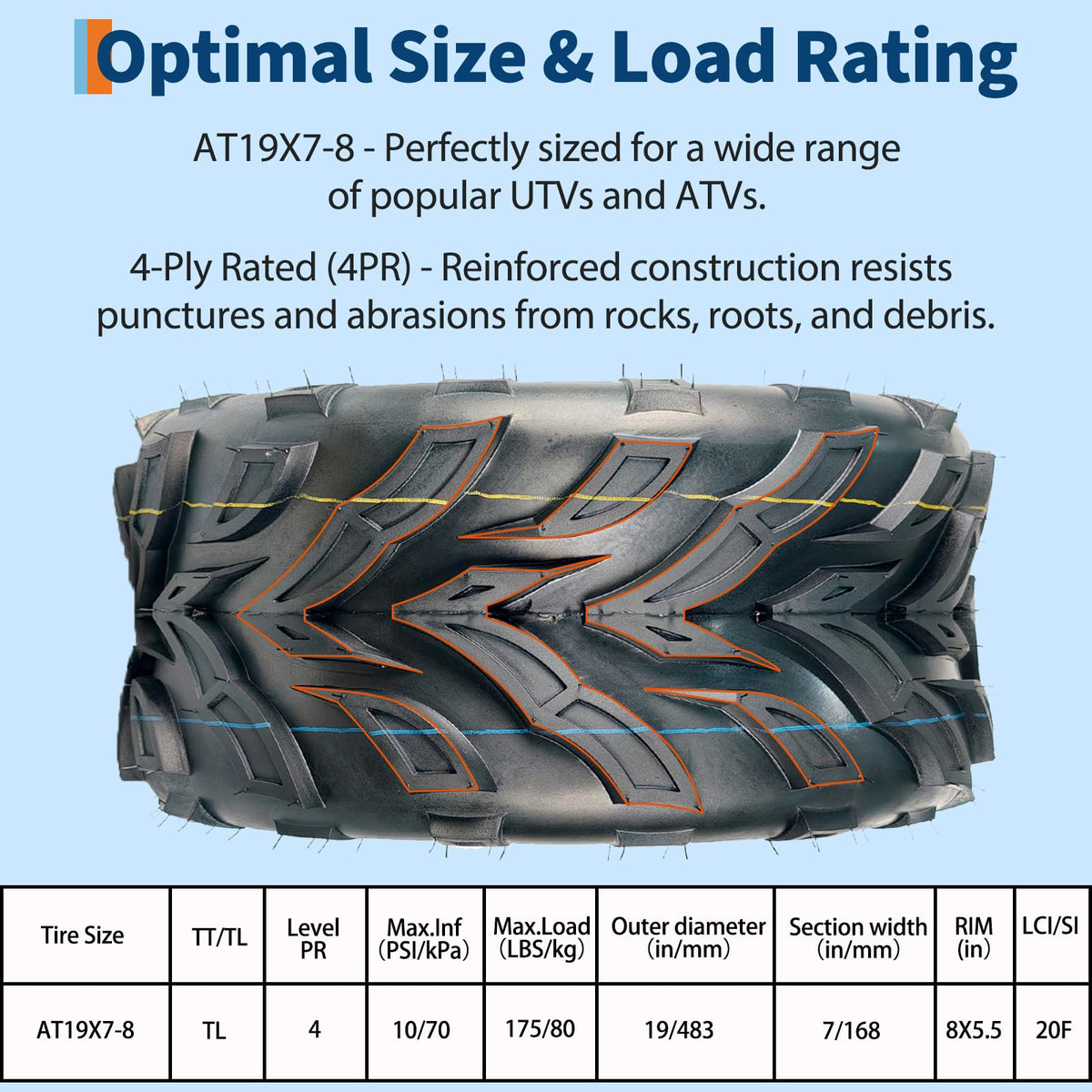 Set of 2 19x7-8 Tubeless ATV Tires V216
