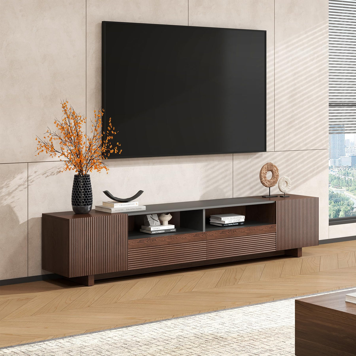 78.8 Inch Dark Brown Walnut TV Stand with Storage X4137