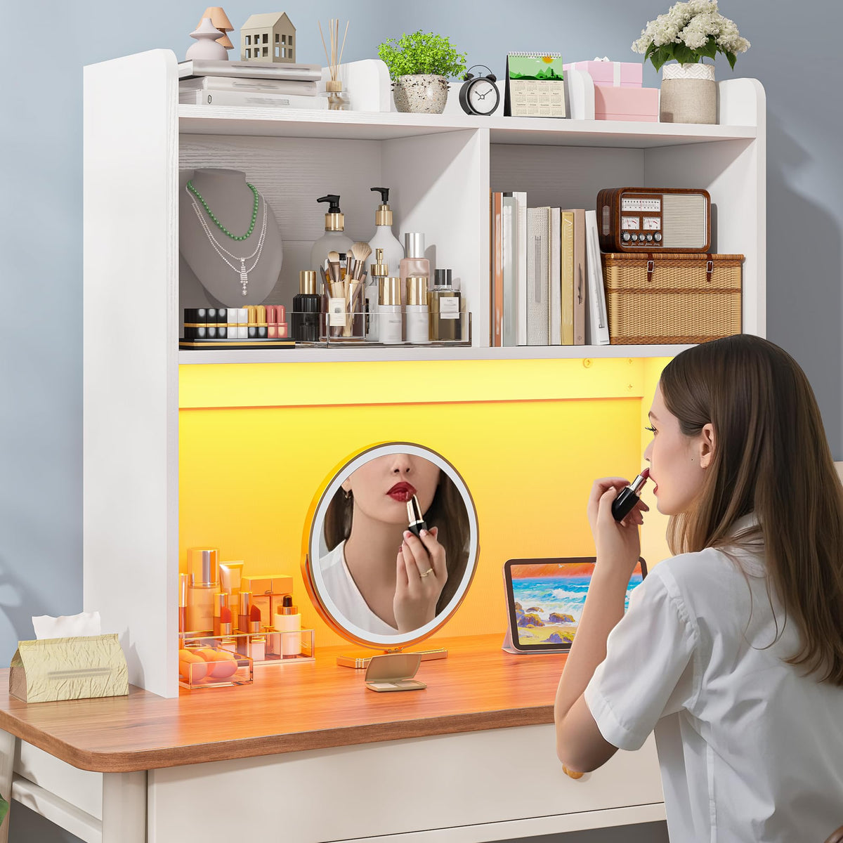 White 3-Tier Desk Hutch with LED Light L984135