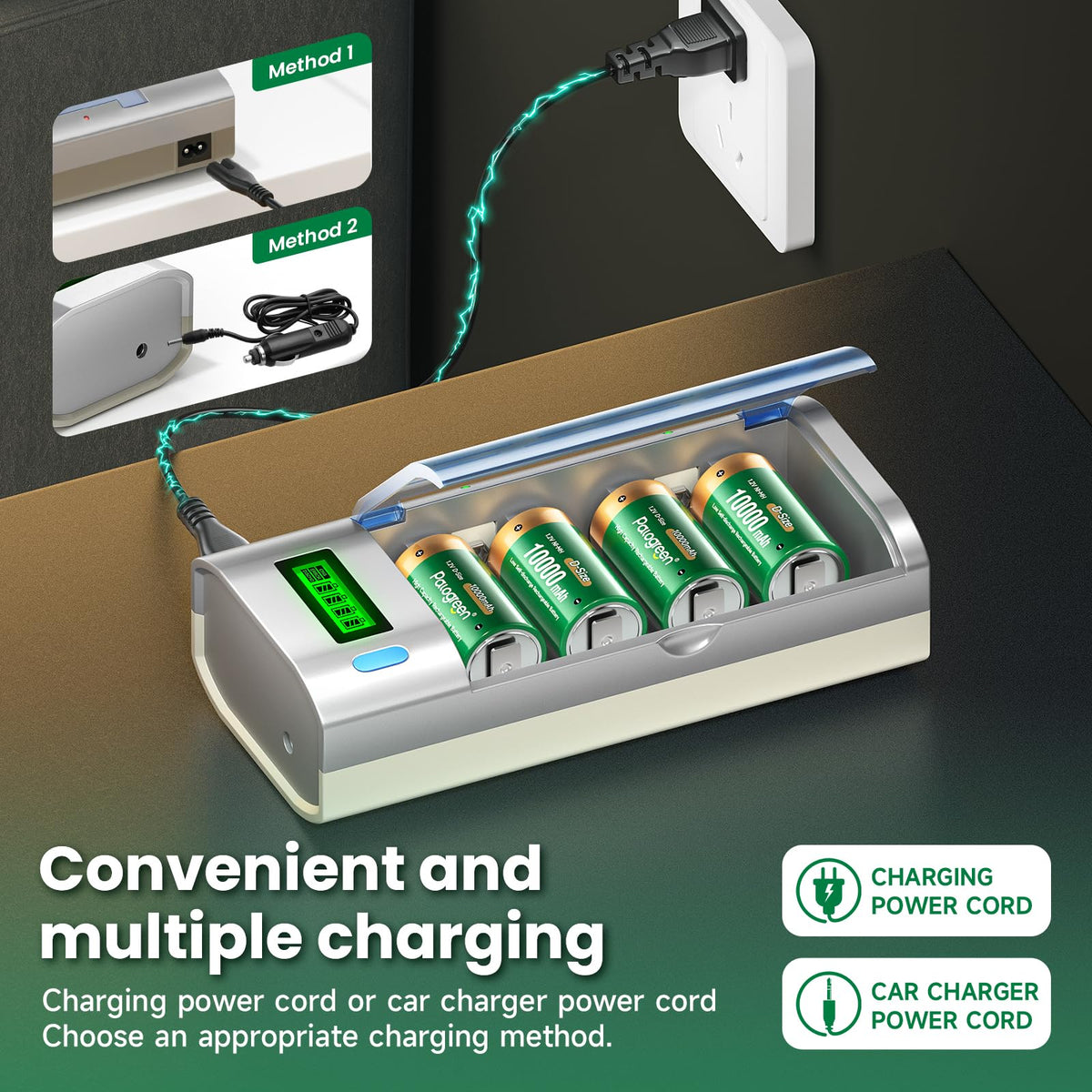 10000mAh Rechargeable D Batteries 6 Counts and Universal Battery Charger O80392