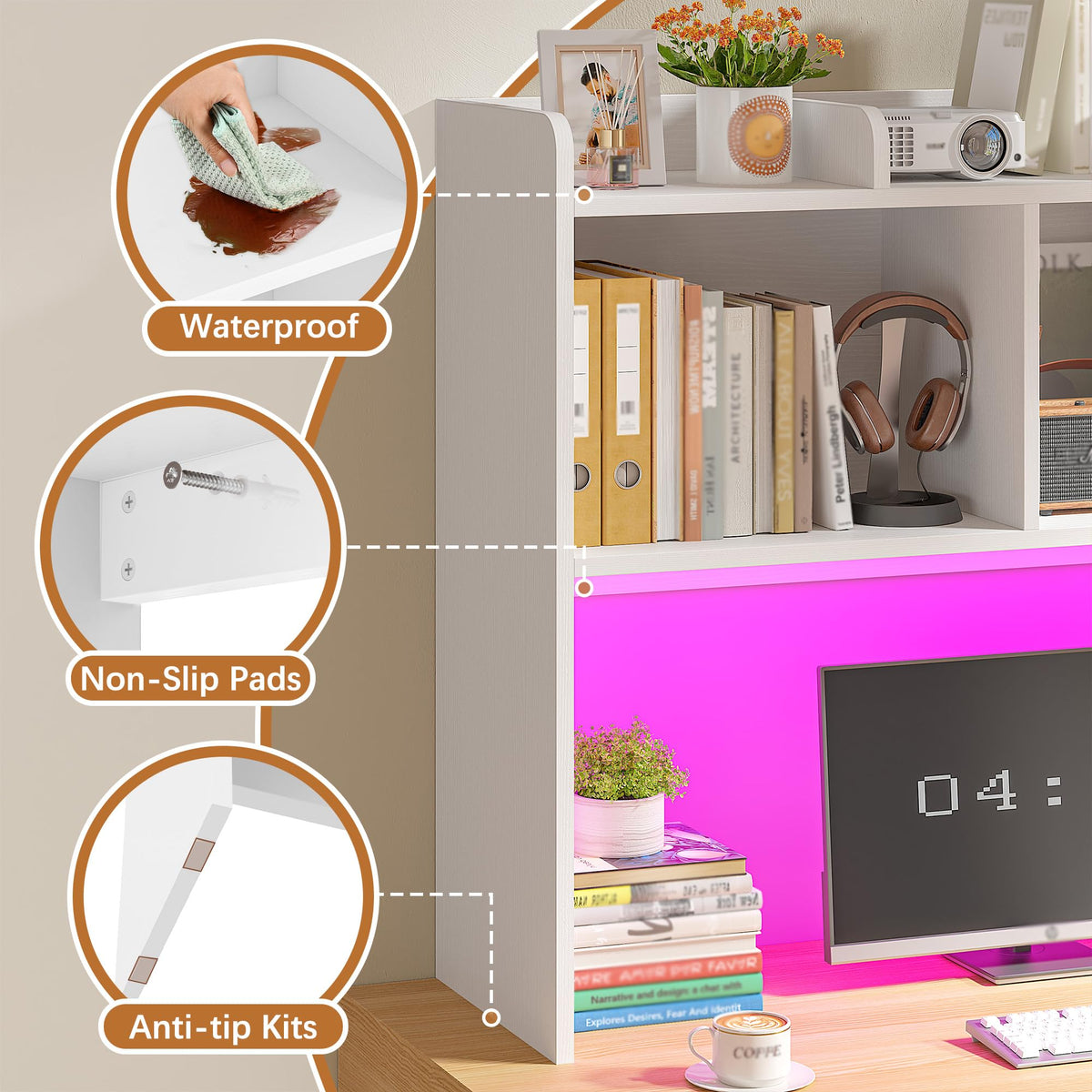 White 3-Tier Desk Hutch with LED Light L984135