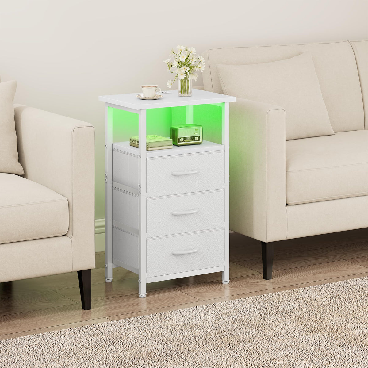 White Nightstand with Charging Station and 3 Fabric Drawers L38786