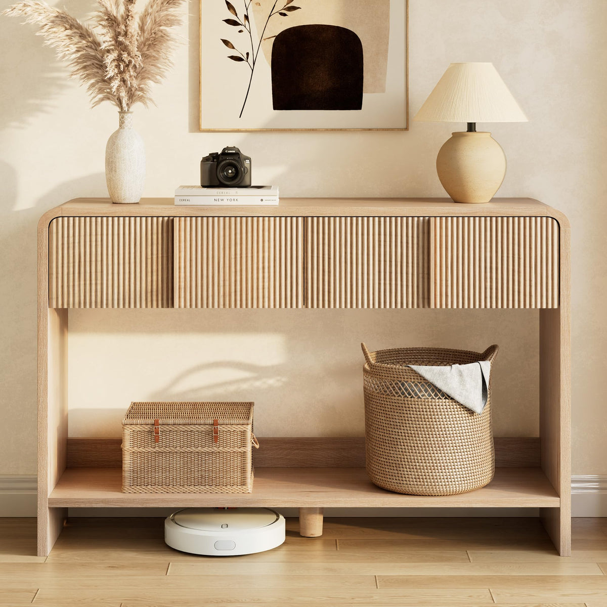 45" Fluted Console Table with 2 Drawers and Open Shelf U951042