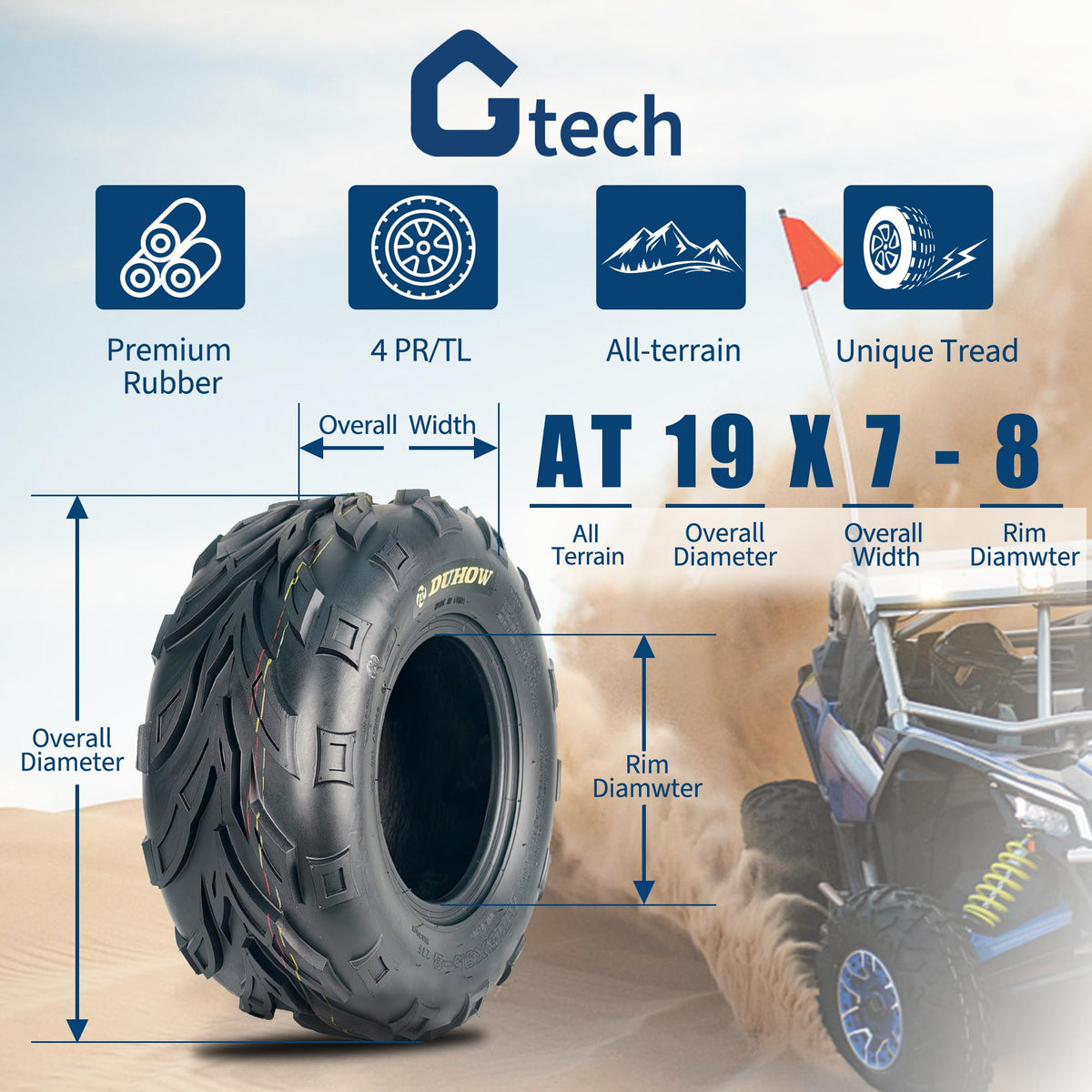 Set of 2 19x7-8 Tubeless ATV Tires V216