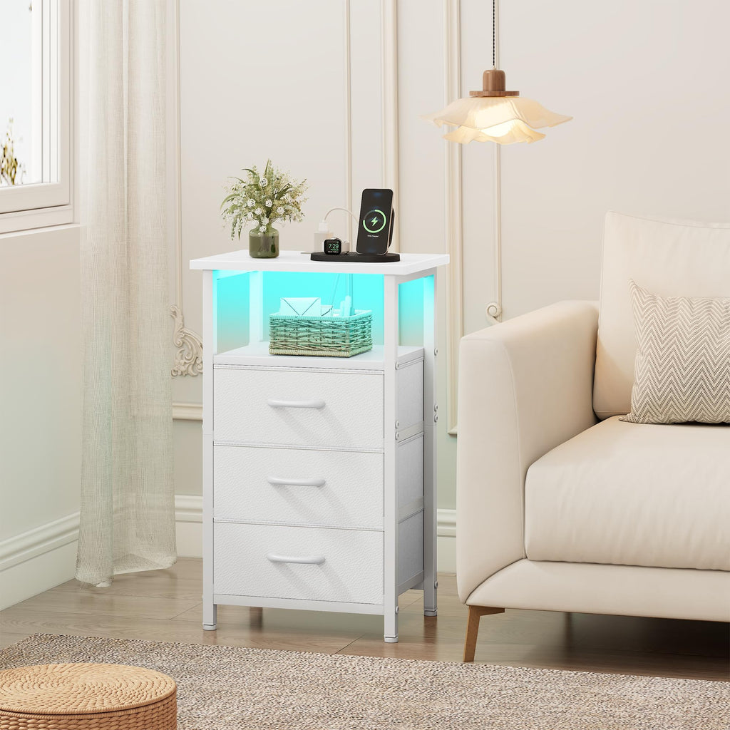 White Nightstand with Charging Station and 3 Fabric Drawers L38786