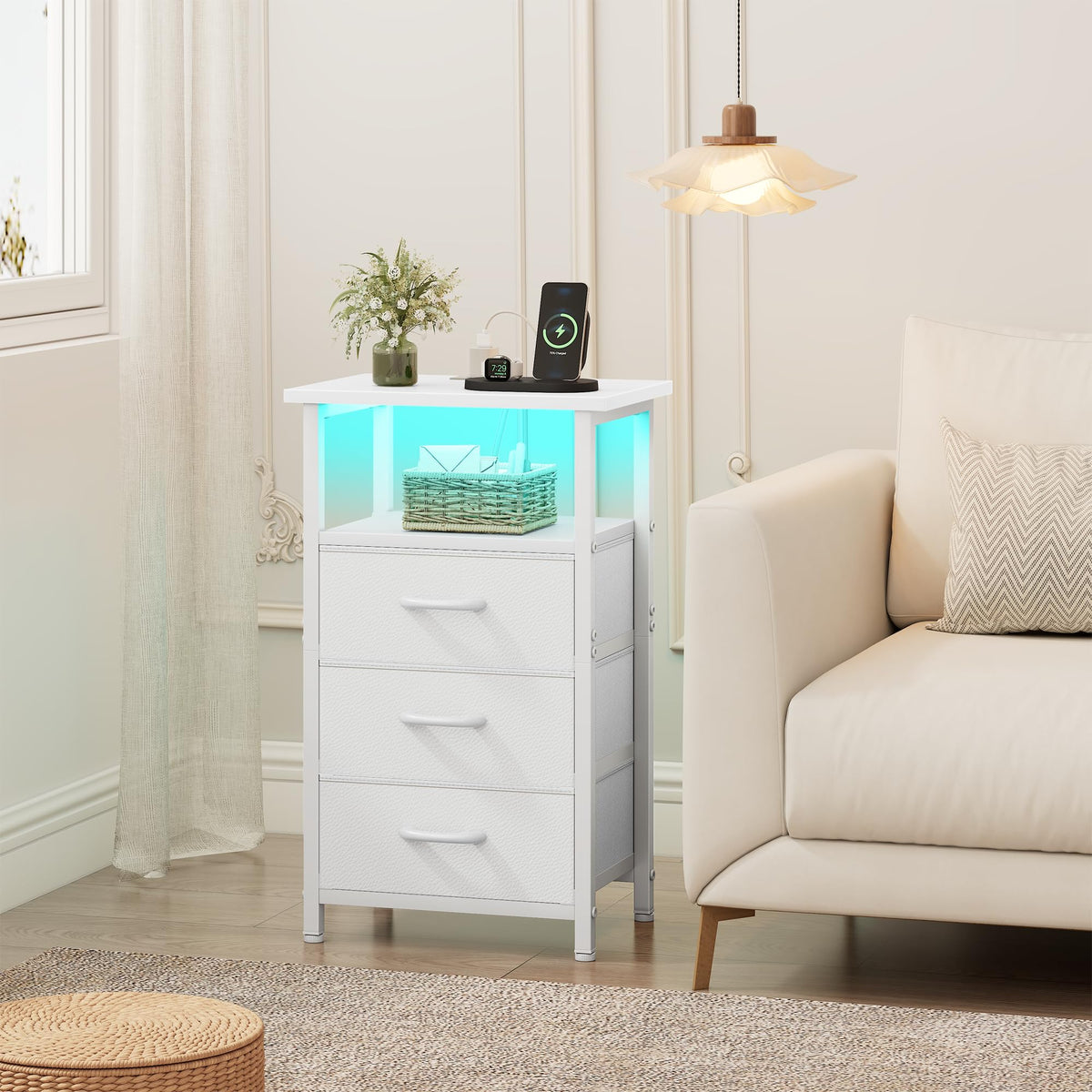 White Nightstand with Charging Station and 3 Fabric Drawers L38786