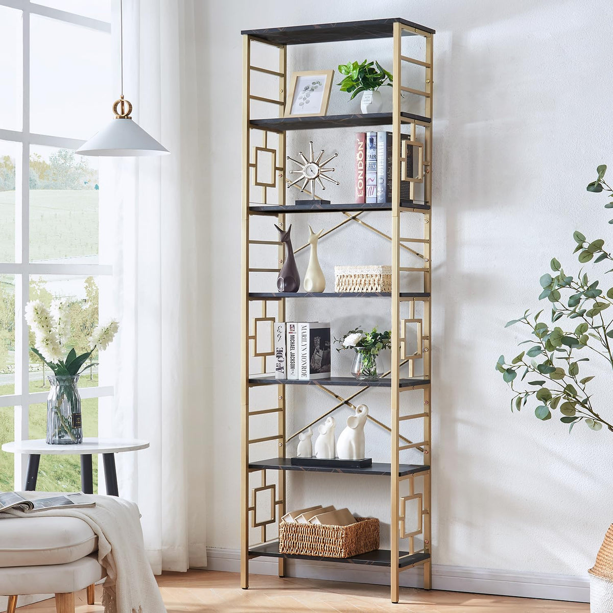 7-Tier Black Gold Metal Bookcase V552