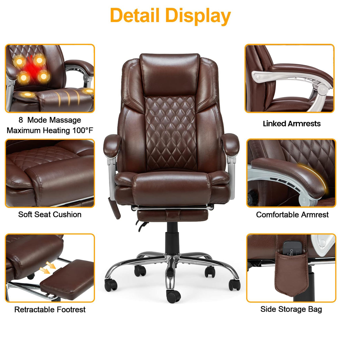 Brown Heated Massage Office Chair with Footrest C4532