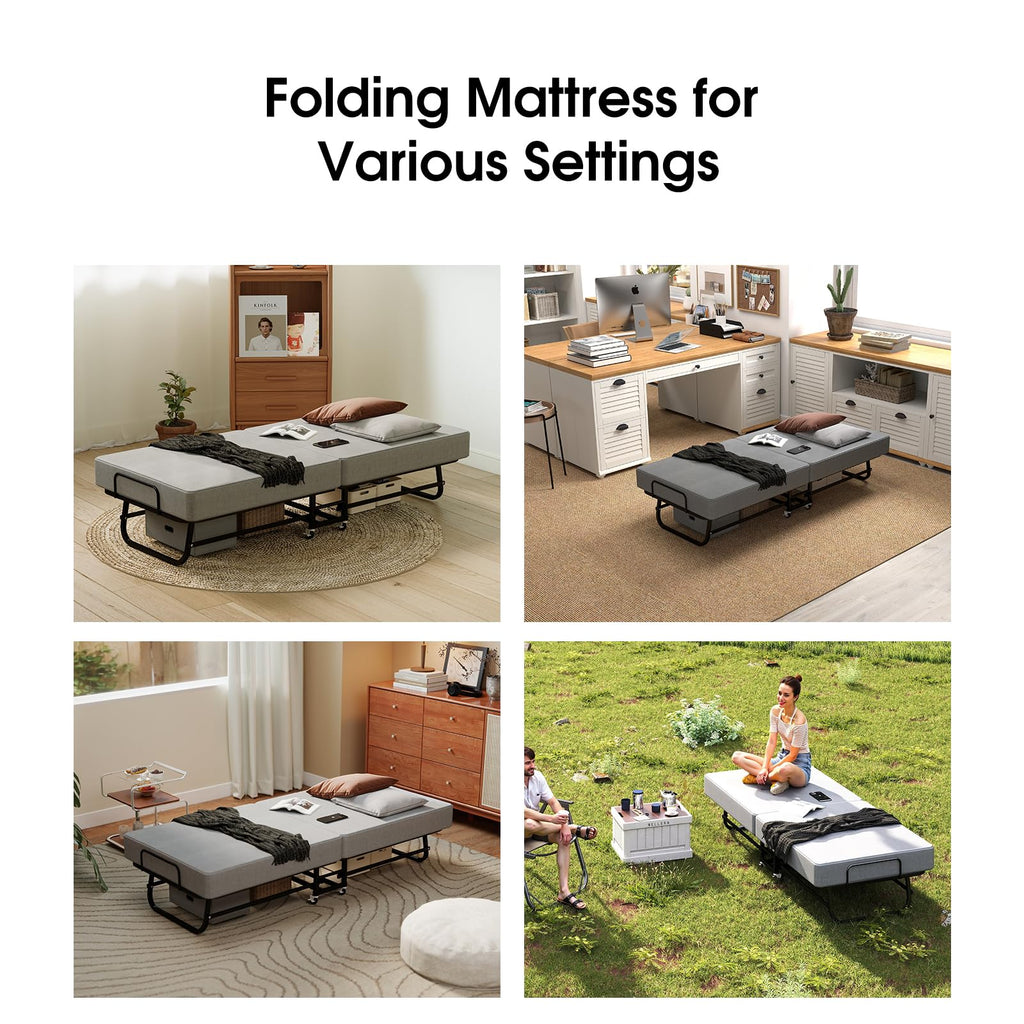 Folding Bed with Mattress, Memory Foam and Metal Frame, 75" x 31" N361