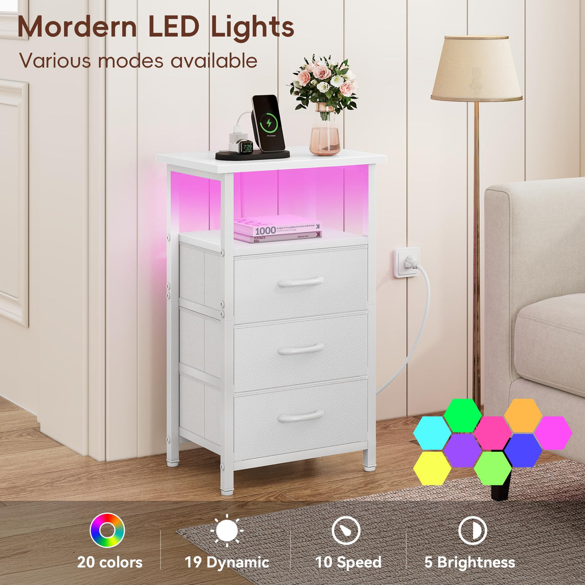 White Nightstand with Charging Station and 3 Fabric Drawers L38786