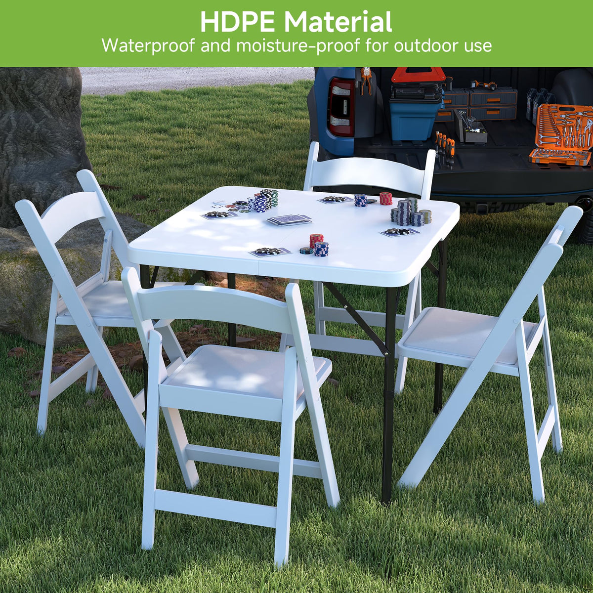 34" Square Folding Table with Handle and Removable Legs, White M340