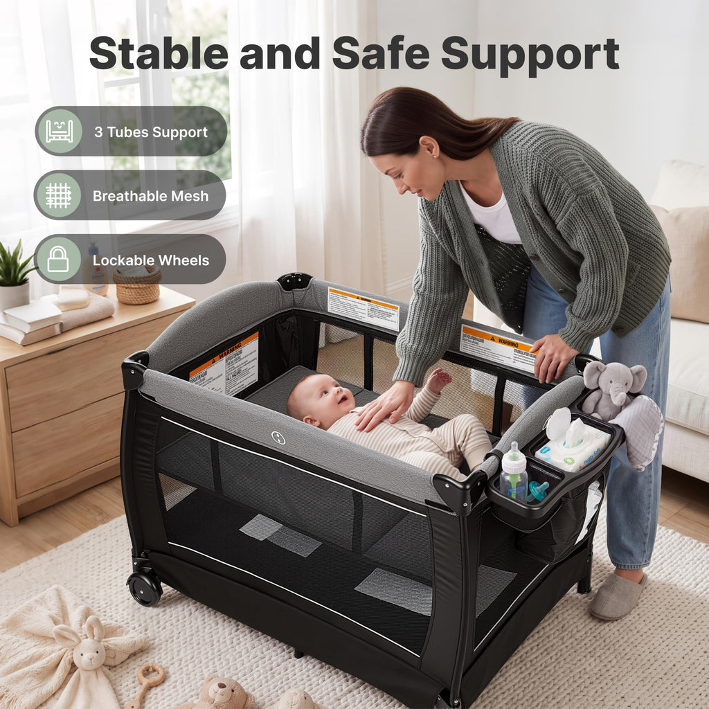 4-in-1 Pack and Play with Bassinet, Playpen, Diaper Changer, Black I601333