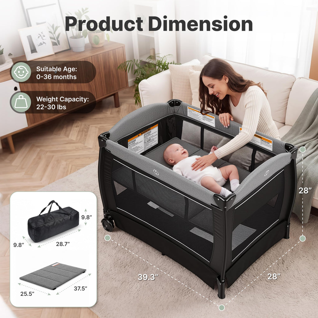 4-in-1 Pack and Play with Bassinet, Playpen, Diaper Changer, Black I601333