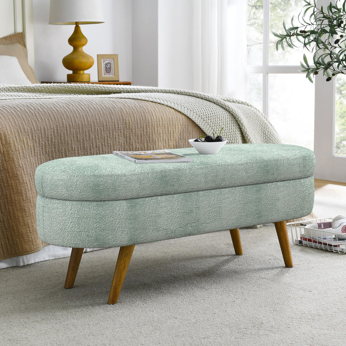 Oval Storage Bench with Rubber Wood Legs Gray L55675